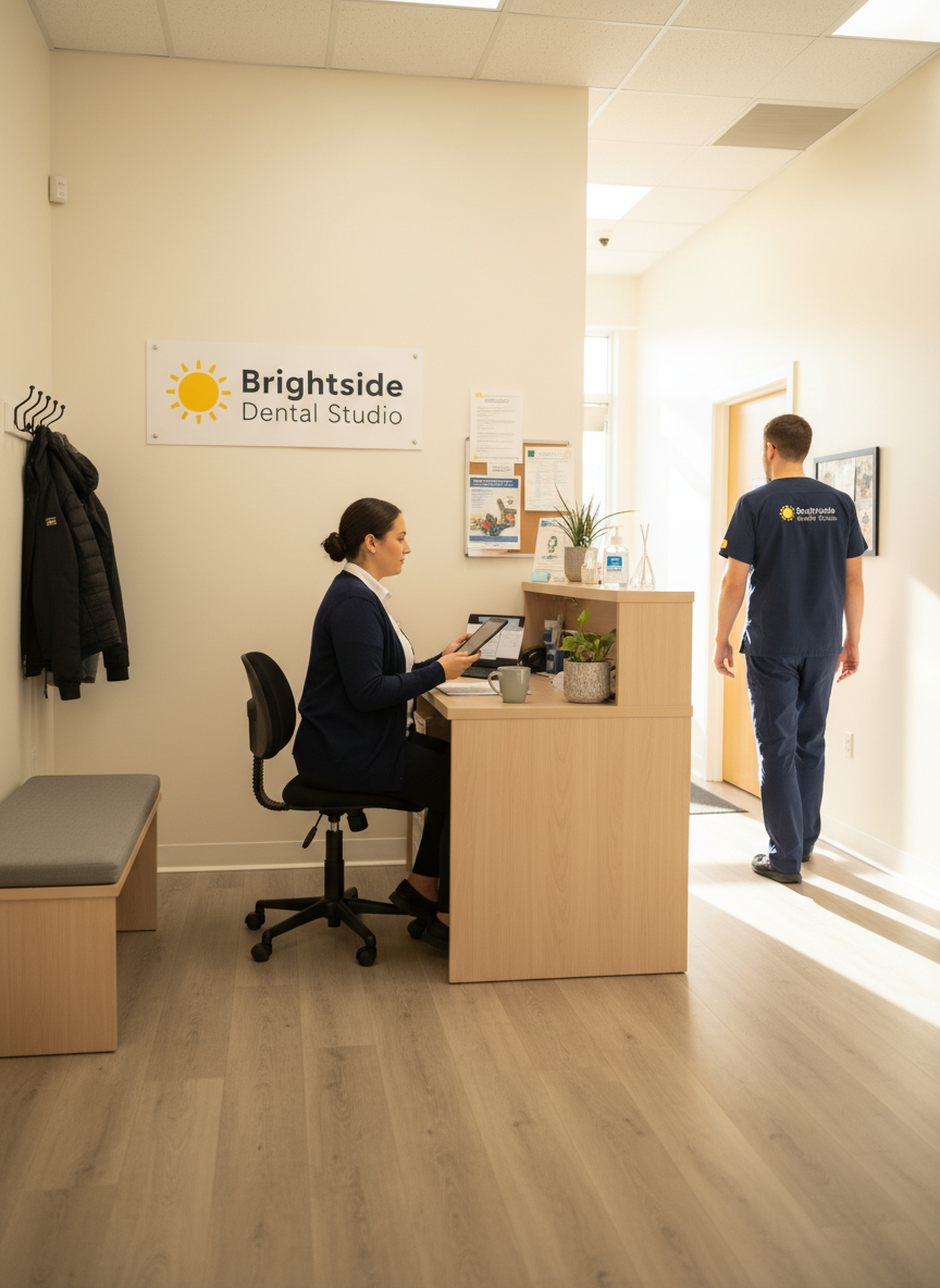 A calm practice front desk in the morning, a receptionist reading a tablet