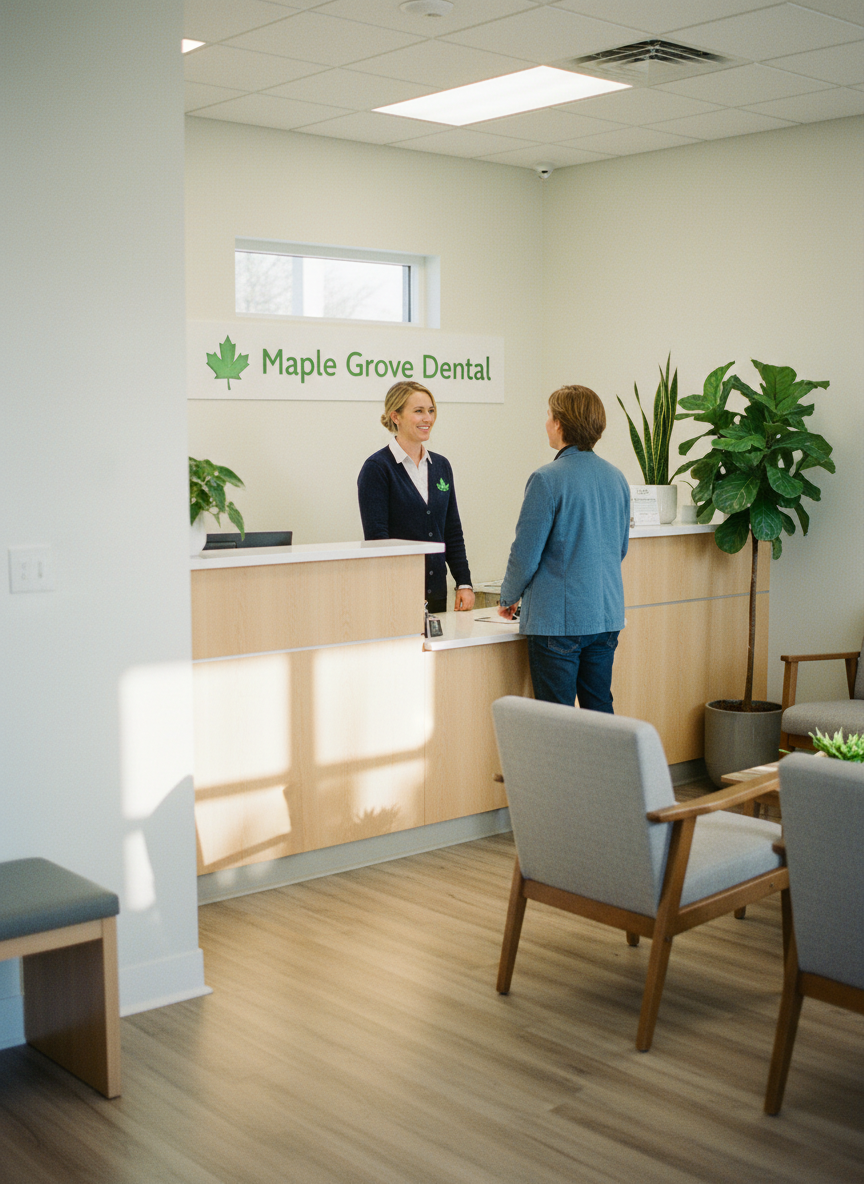 A receptionist at the front desk of a bright dental practice, talking with a patient