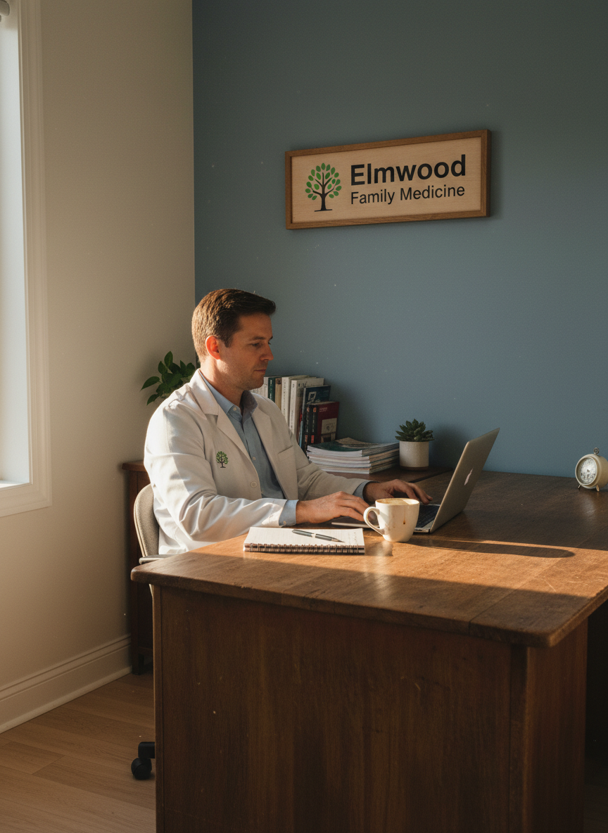 A GP practice owner reading at a desk in a quiet consult room