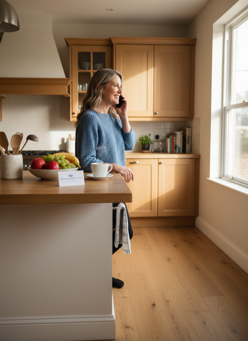 A woman in her kitchen calling a dental practice to book an appointment