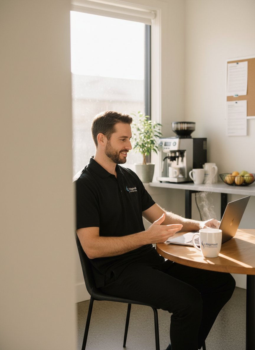 A chiropractor on a video call at a laptop with a coffee