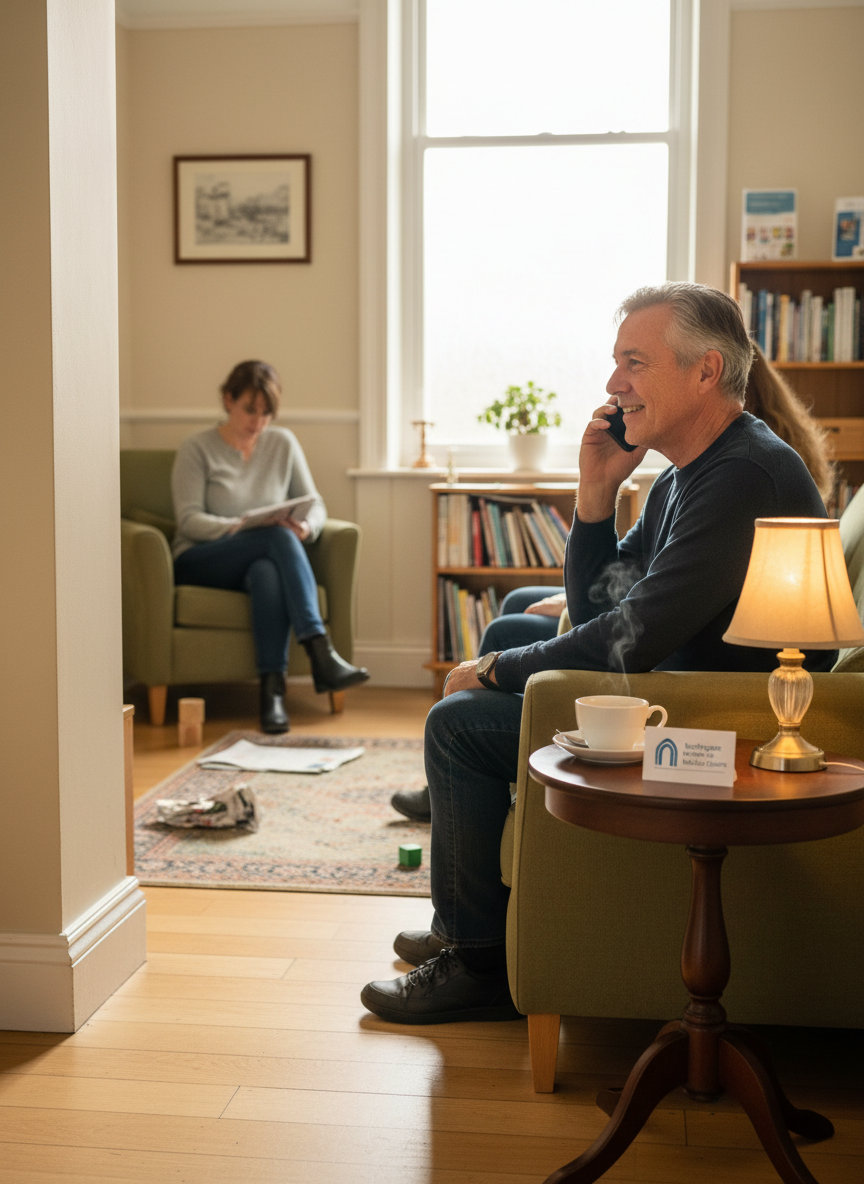 A man on his sofa in the evening, on the phone to his medical practice
