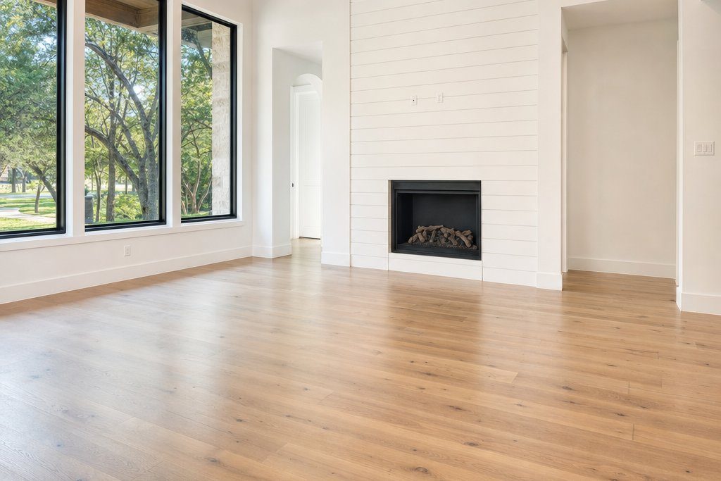 An empty living room with white oak floors