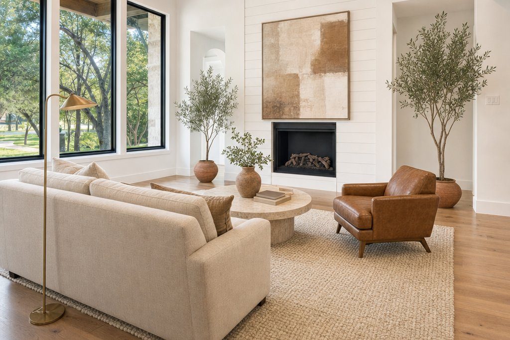 The same living room staged with a linen sofa, travertine table and olive trees