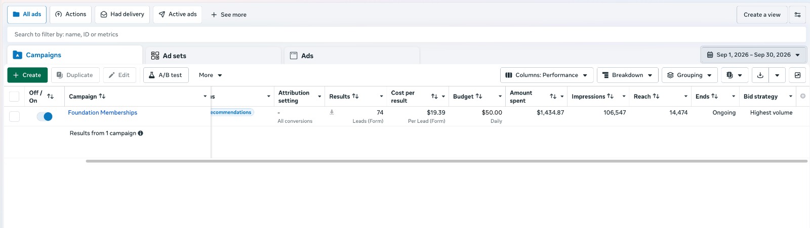Meta Ads dashboard screenshot for a tutoring company, Sept 2026