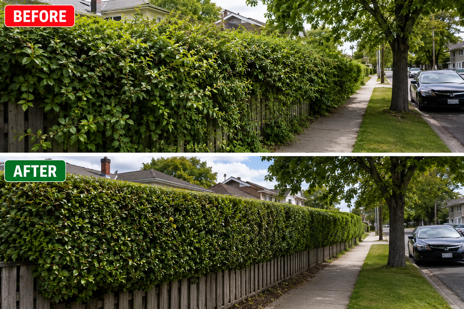 Overgrown hedge reduced and reshaped, before and after