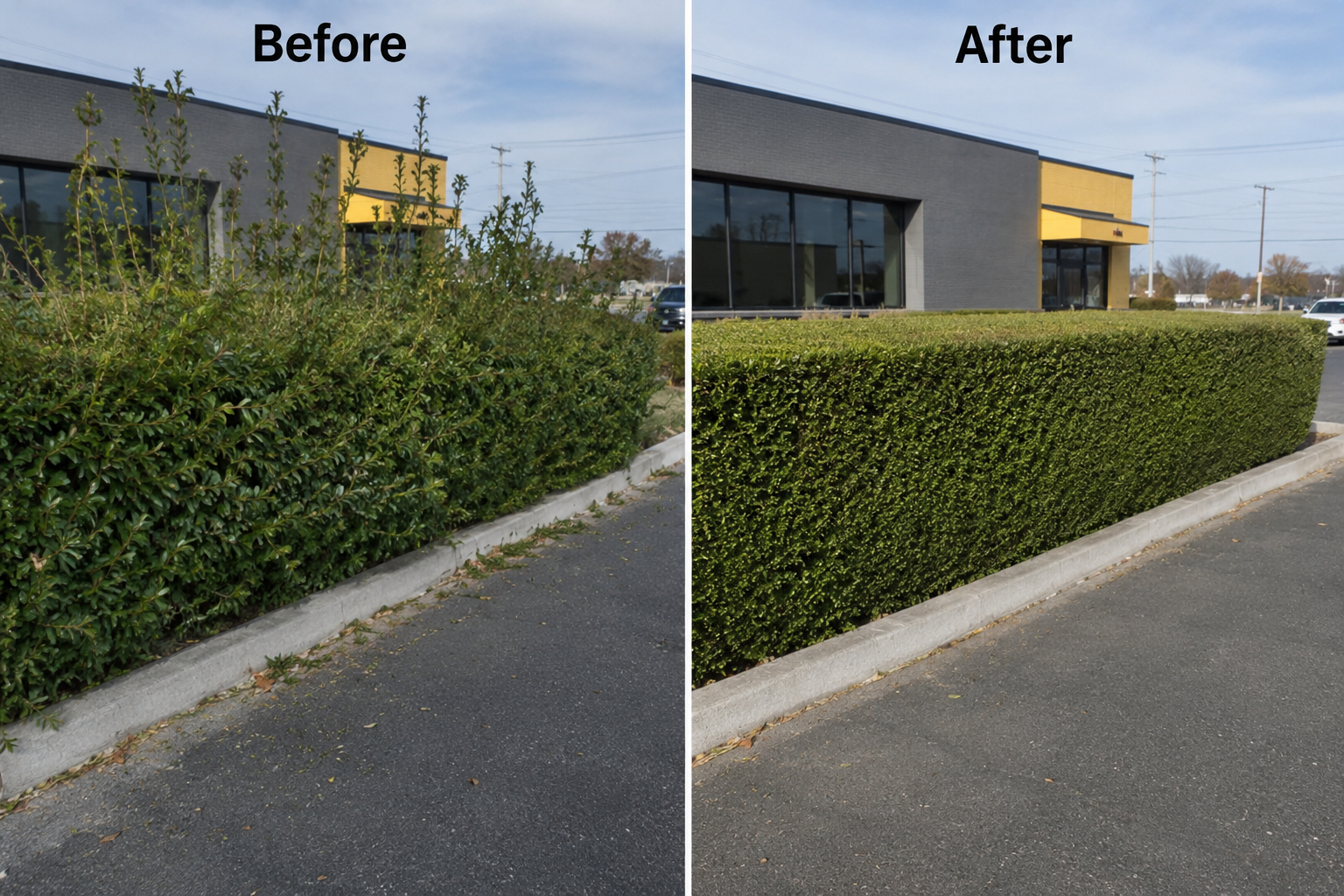 Commercial frontage hedge maintained, before and after