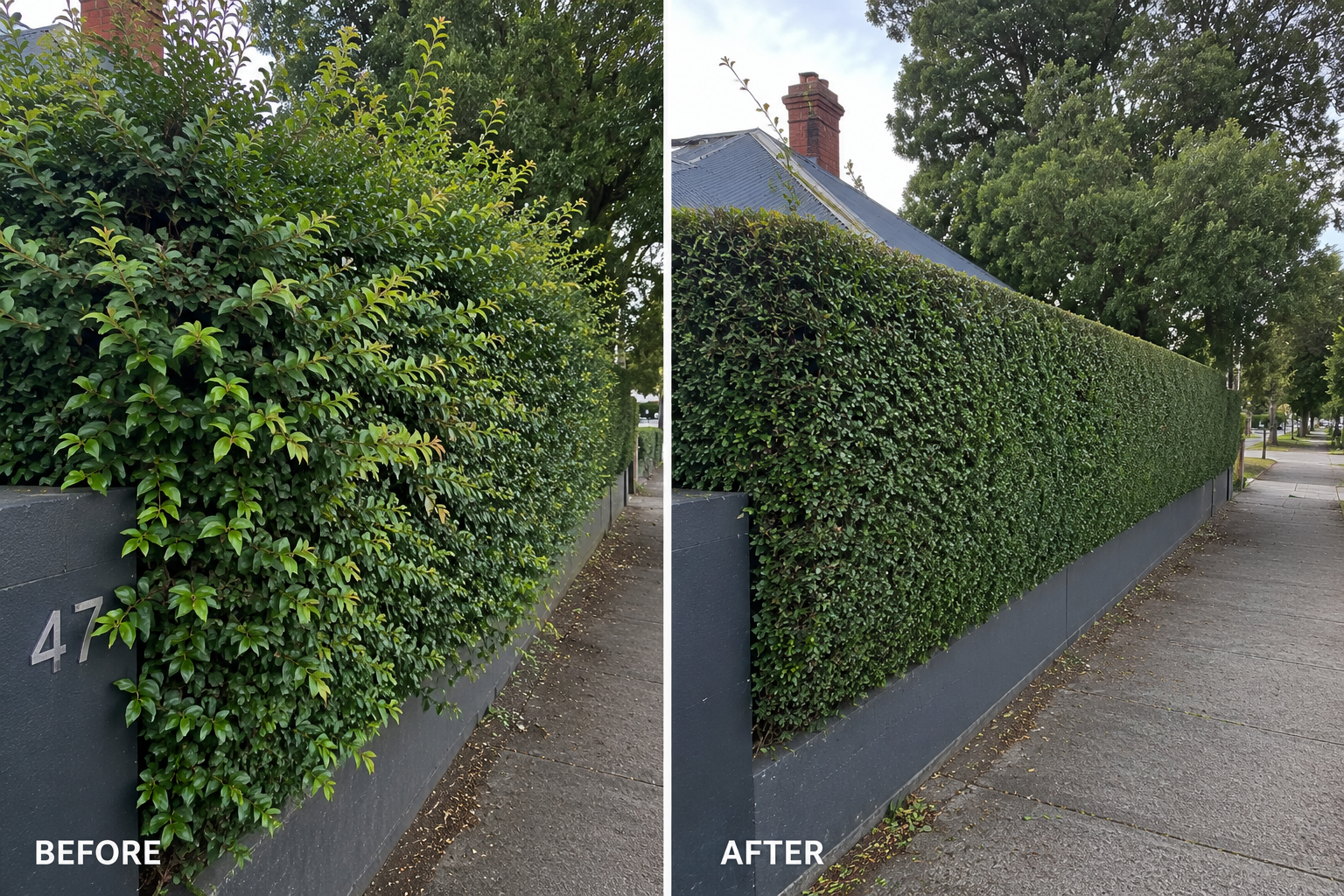 Dense privacy hedge pruned and trimmed, before and after