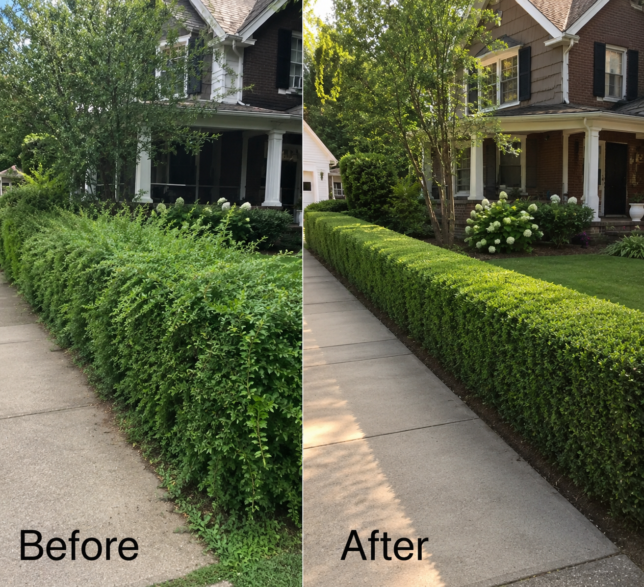Front garden hedge trimmed and shaped, before and after