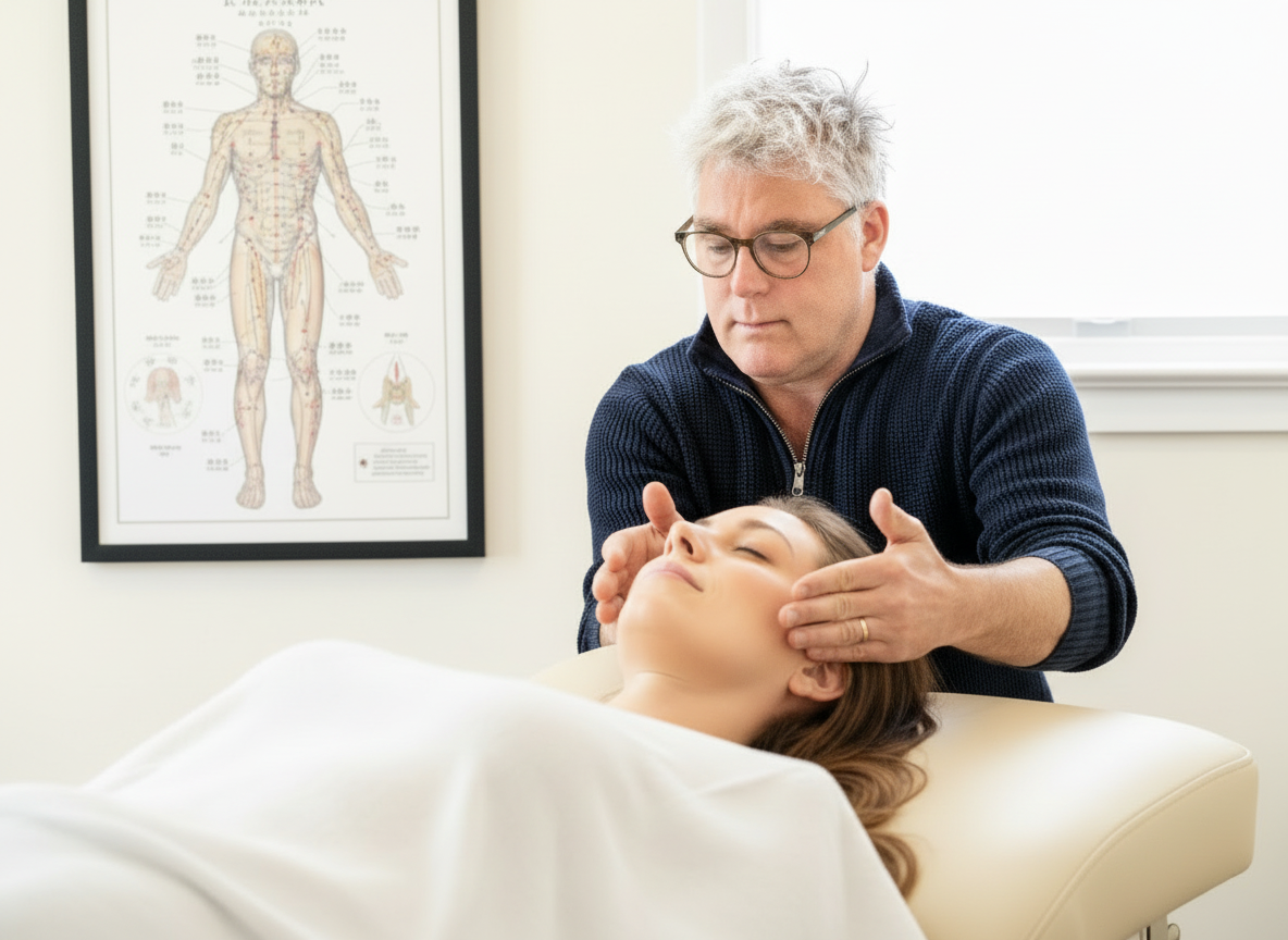 Michael performing Jin Shin Jyutsu hands-on session, light touch at the head and neck