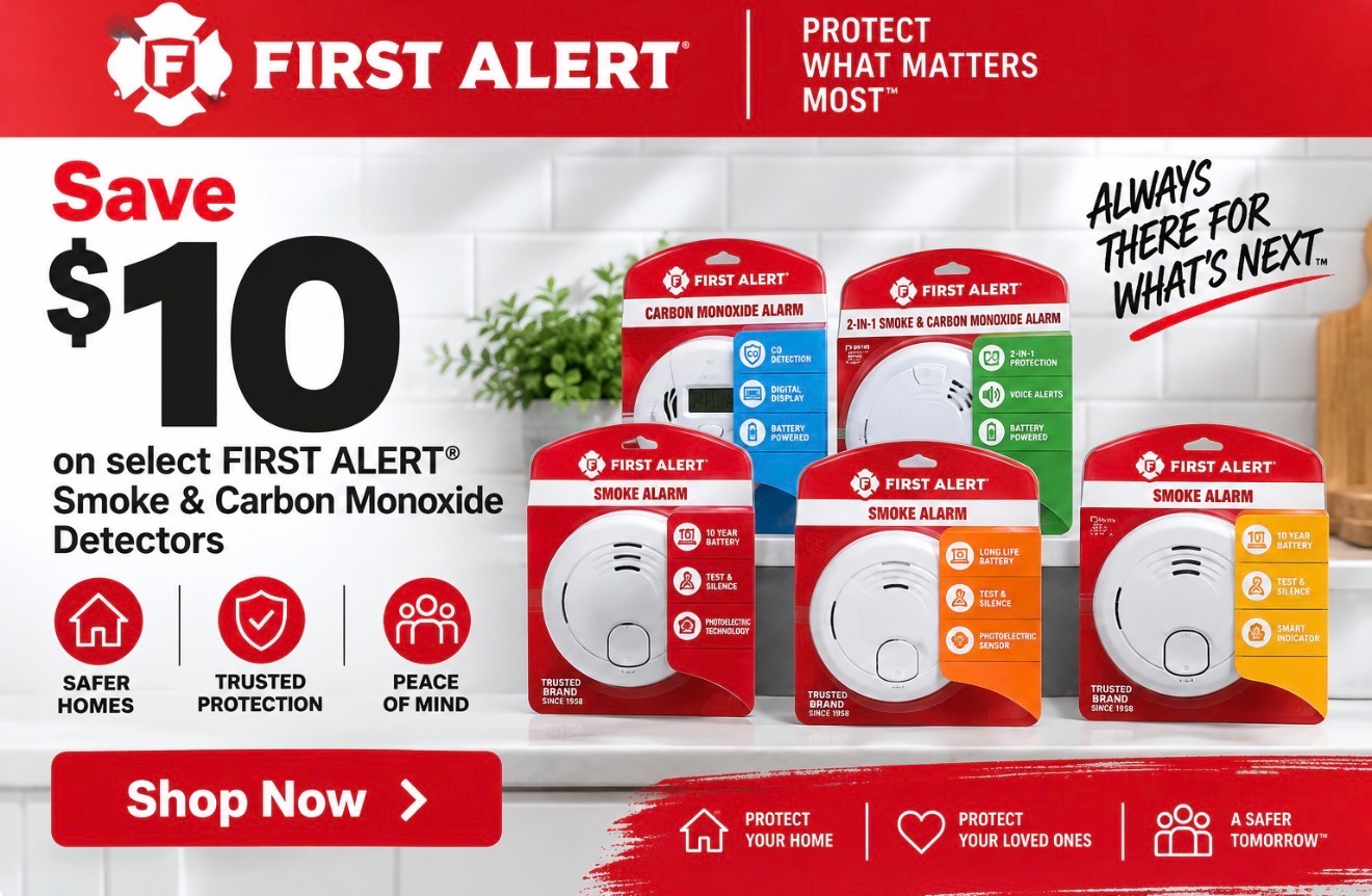 Shop First Alert smoke and carbon monoxide detectors.