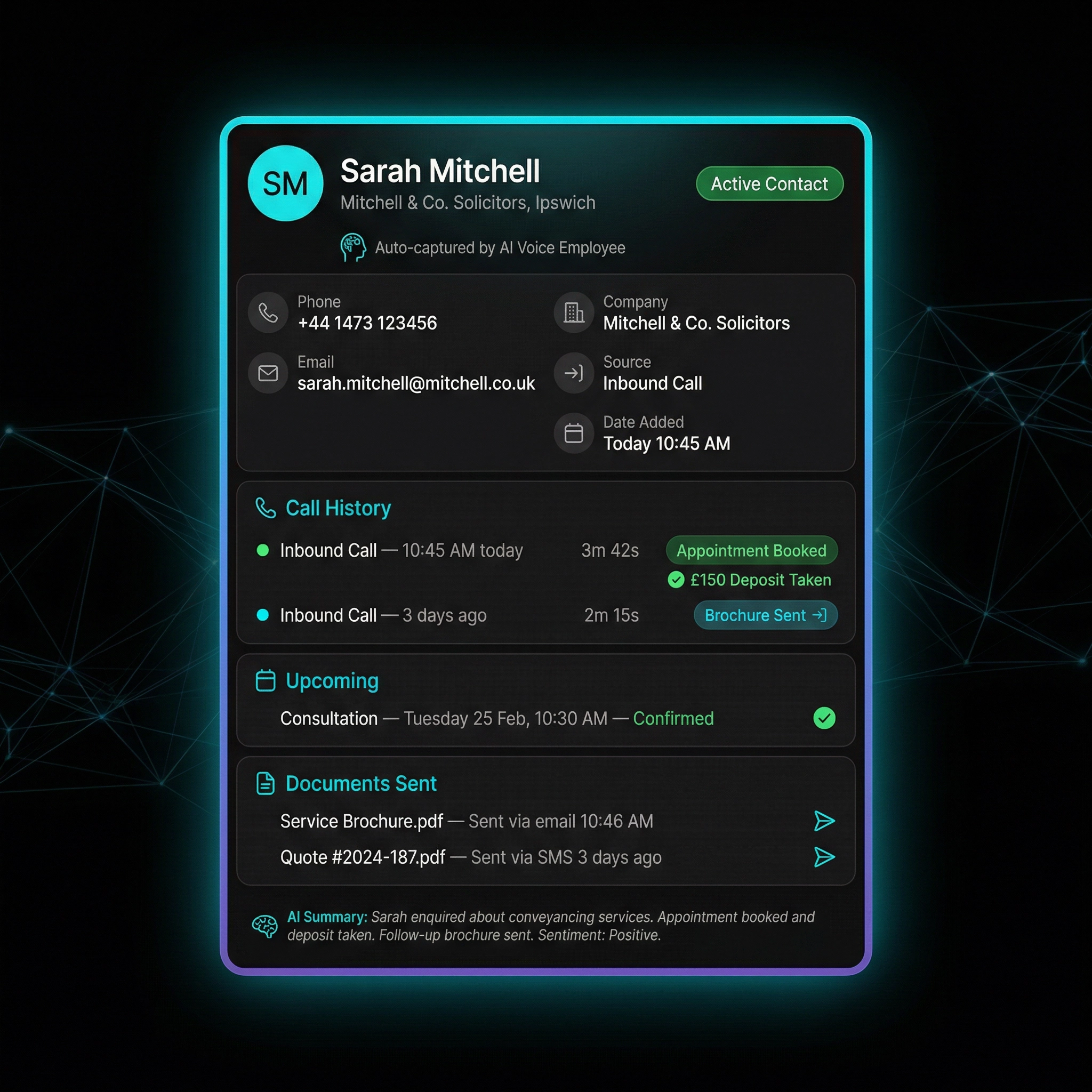 Built-in CRM contact card automatically populated after an AI Voice Employee call