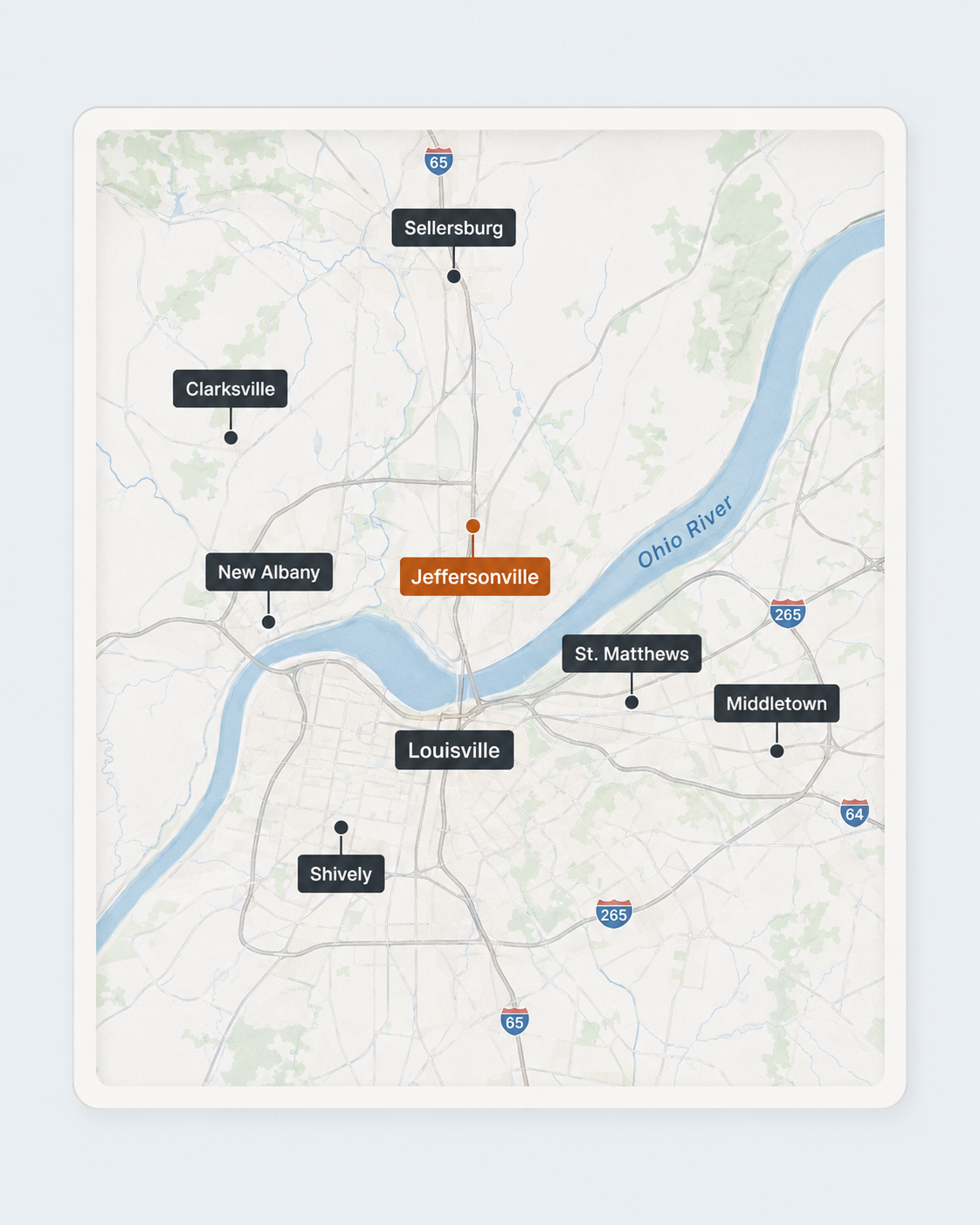 Regional service area map for Jeffersonville, Indiana and the Louisville metro area