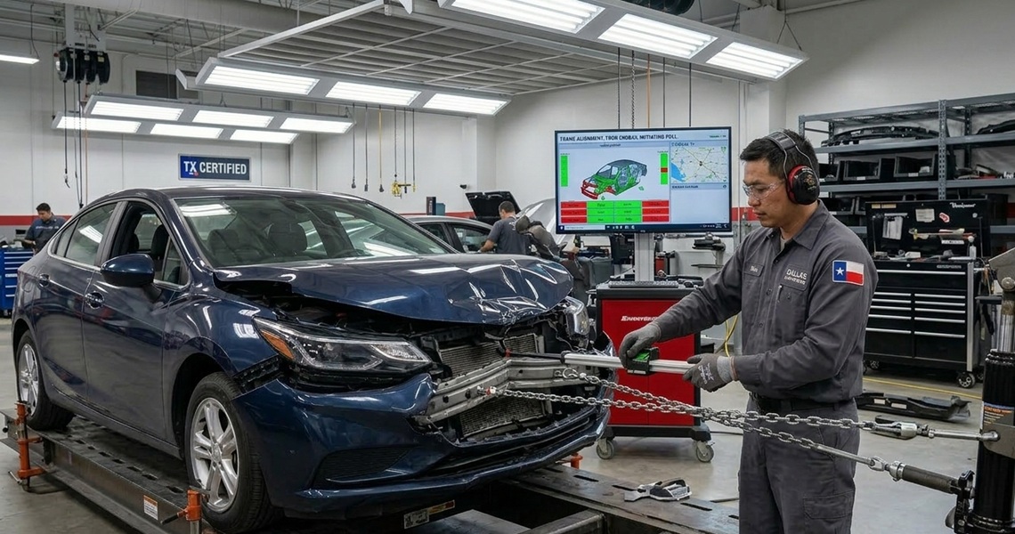 Collision repair Dallas TX certified technician repairing accident damaged vehicle with frame measuring equipment