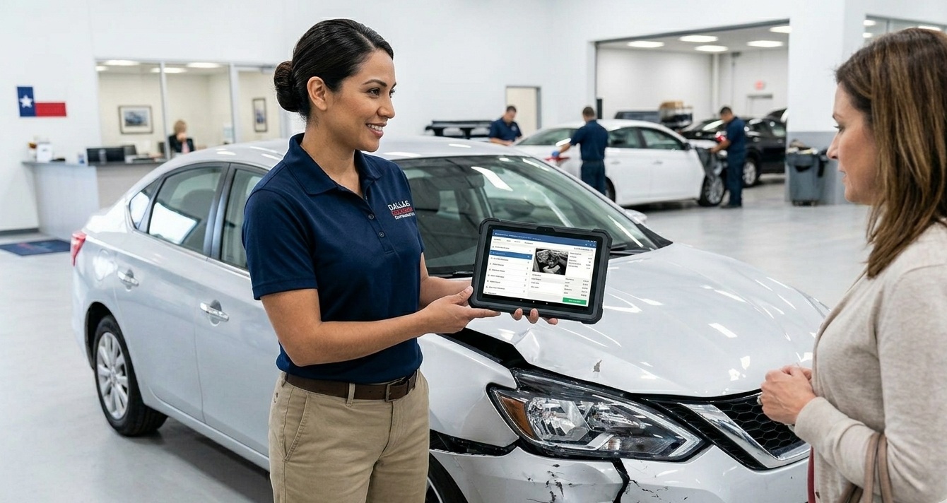 Insurance claim assistance Dallas TX professional adjuster reviewing vehicle damage documentation
