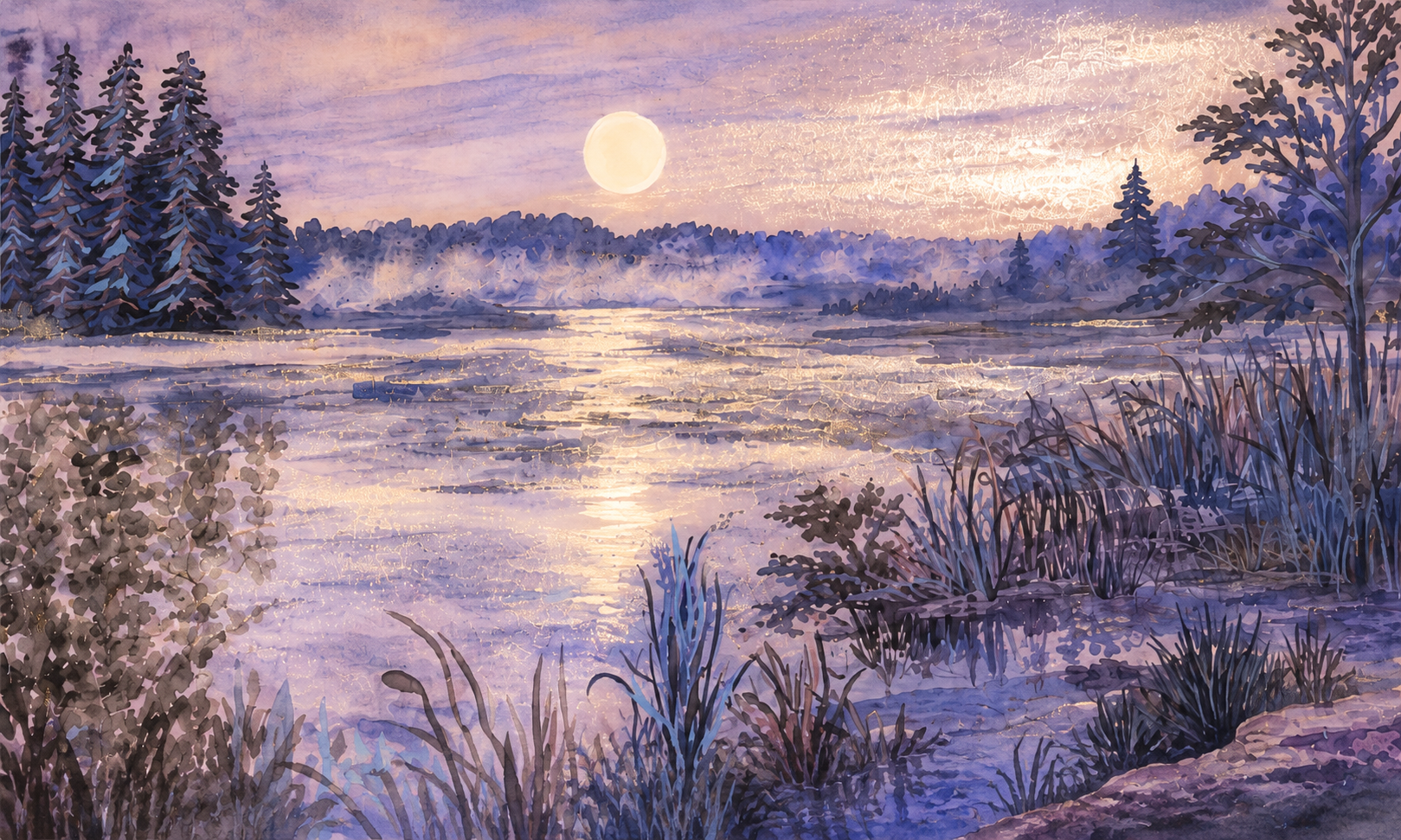 Moonlit winter landscape painting by artist Elizabeth Van Tassel, with shimmering light across frozen water, snowy grasses, pine trees, and a lavender-blue evening sky.