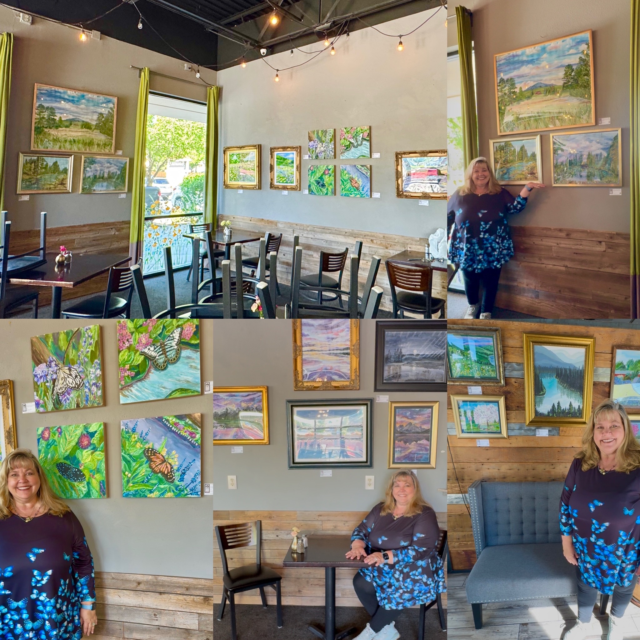 Artist Elizabeth Van Tassel standing with her Shimmers of Light artwork installed throughout The Local in Boise, featuring framed landscape paintings, butterfly pieces, and restaurant walls transformed with color and light.