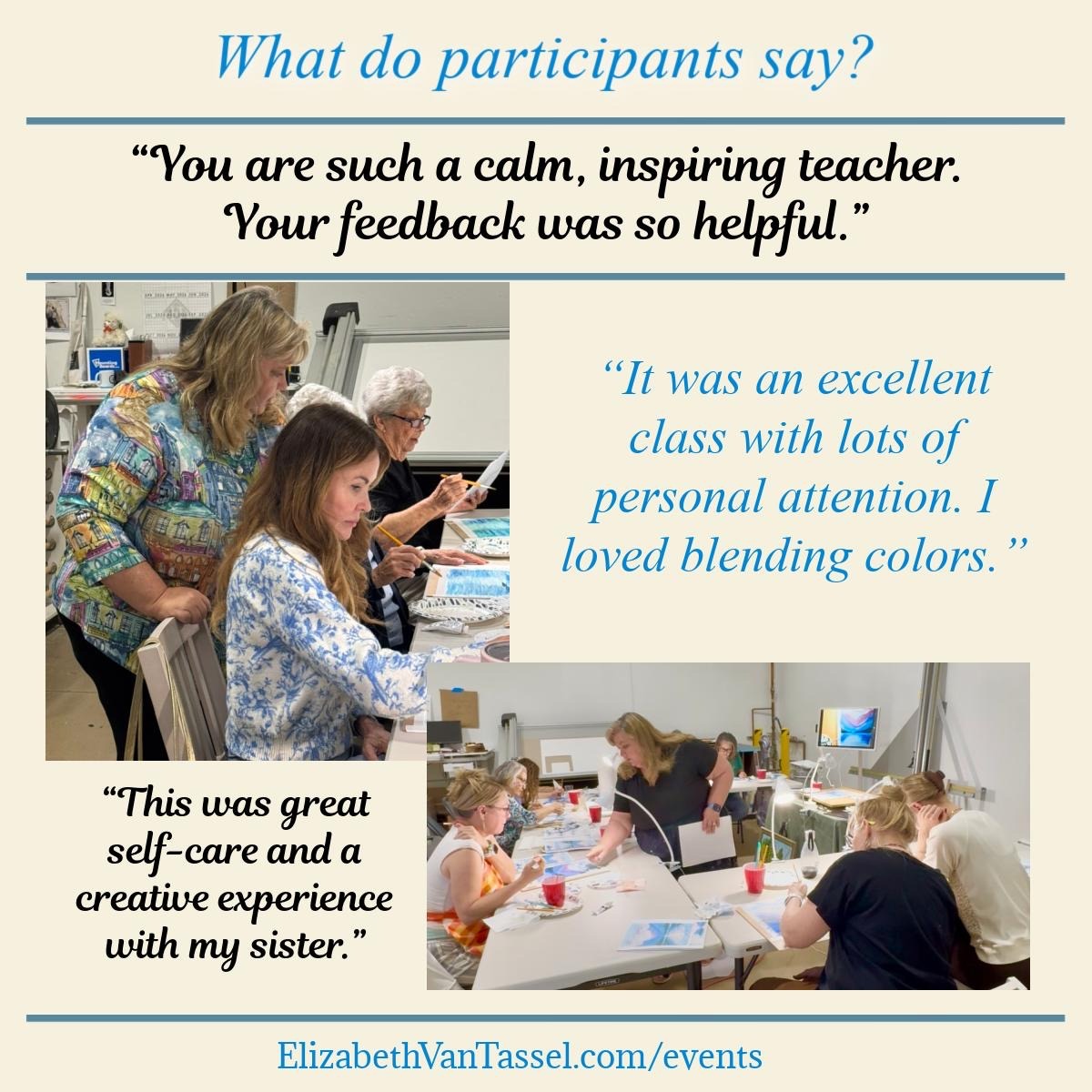 Artist Elizabeth Van Tassel in class with individual attention to students.