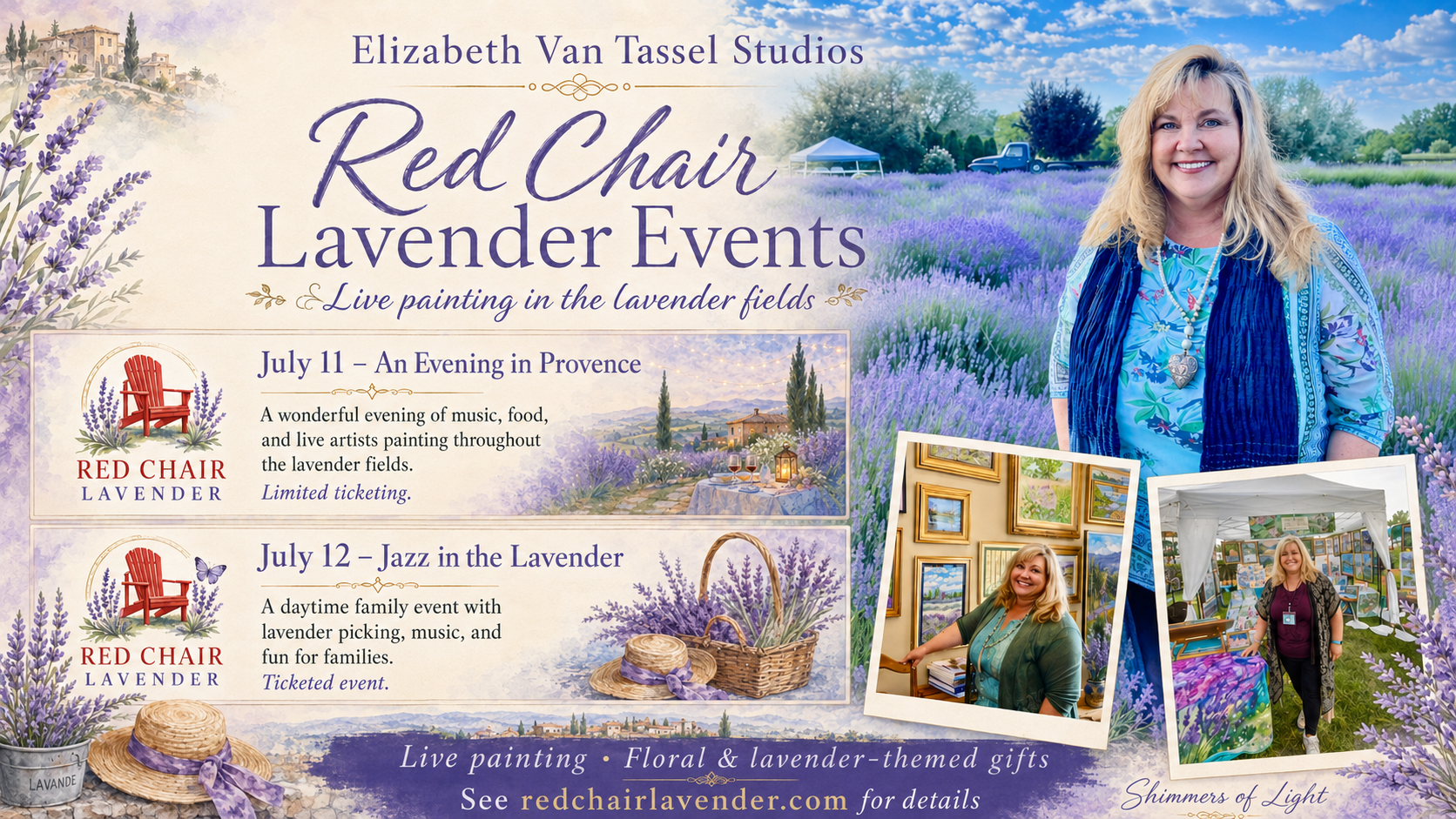 Elizabeth Van Tassel Studios promoting Red Chair Lavender Events, featuring artist Elizabeth Van Tassel in a lavender field, event details for July 11 An Evening in Provence and July 12 Jazz in the Lavender, live painting, floral and lavender-themed gifts