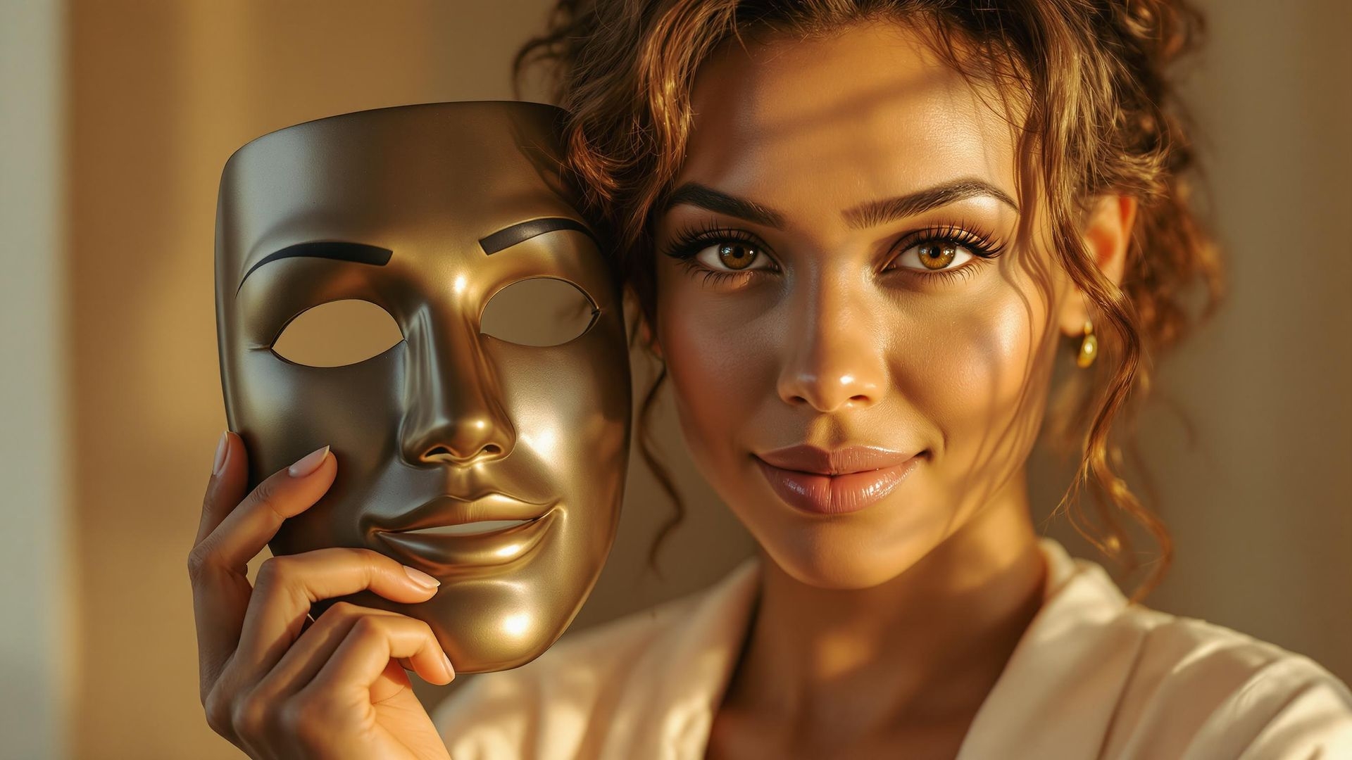 Woman lowering a golden mask, revealing her true face