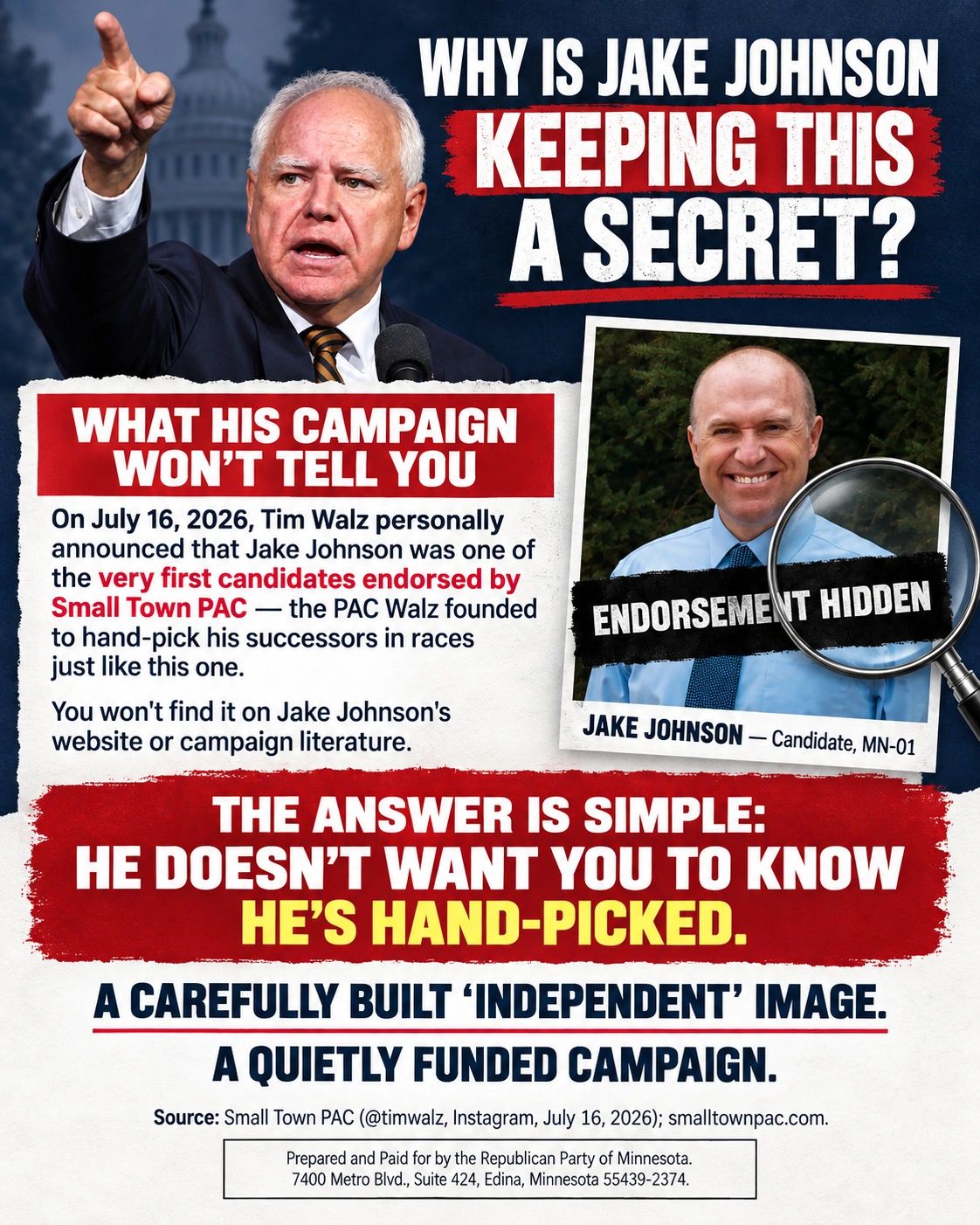 Why is Jake Johnson keeping this a secret? Tim Walz pointing; Jake Johnson photo stamped Endorsement Hidden.