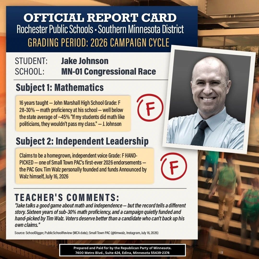 Official Report Card for Jake Johnson: Mathematics, Grade F. Independent Leadership, Grade F.