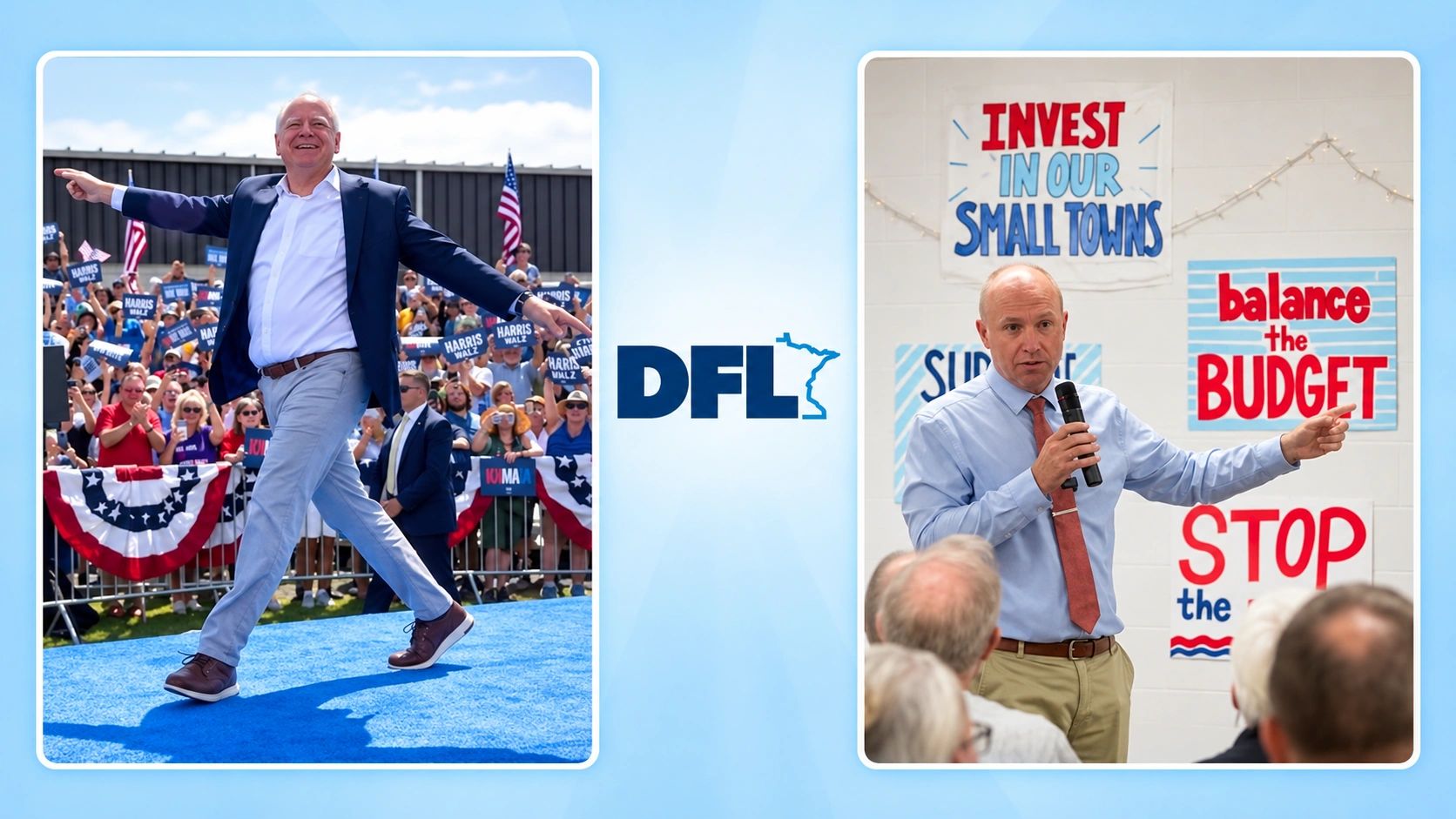Side by side: Tim Walz on a rally stage and Jake Johnson speaking at a DFL event