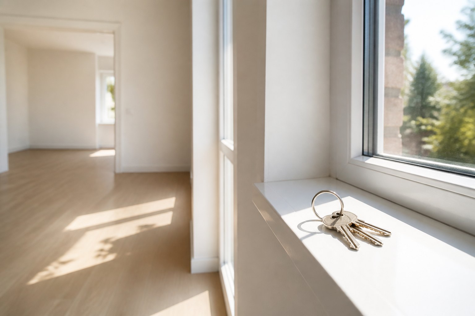 House keys resting on the windowsill of a bright, empty rental apartment