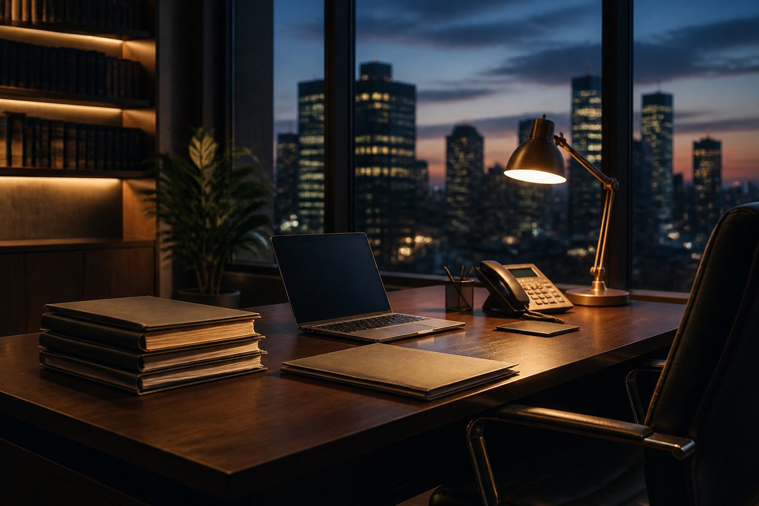 An office desk still lit in the evening, with a city skyline through the window