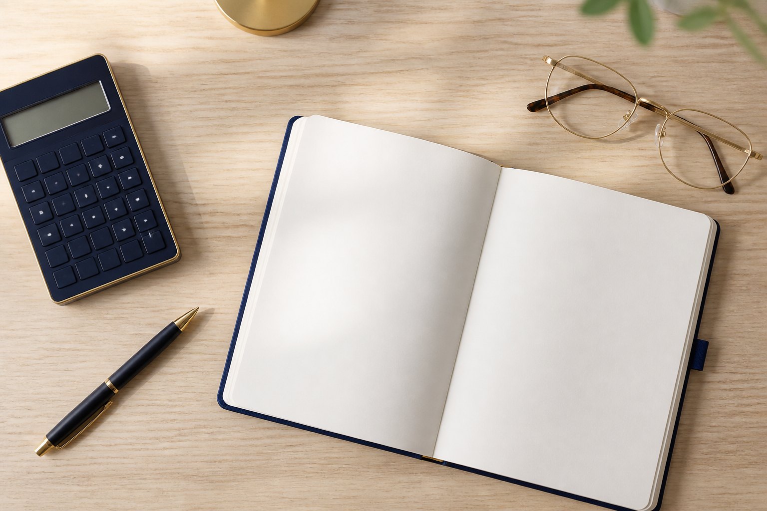 A calculator, pen, reading glasses and a blank notebook on a desk