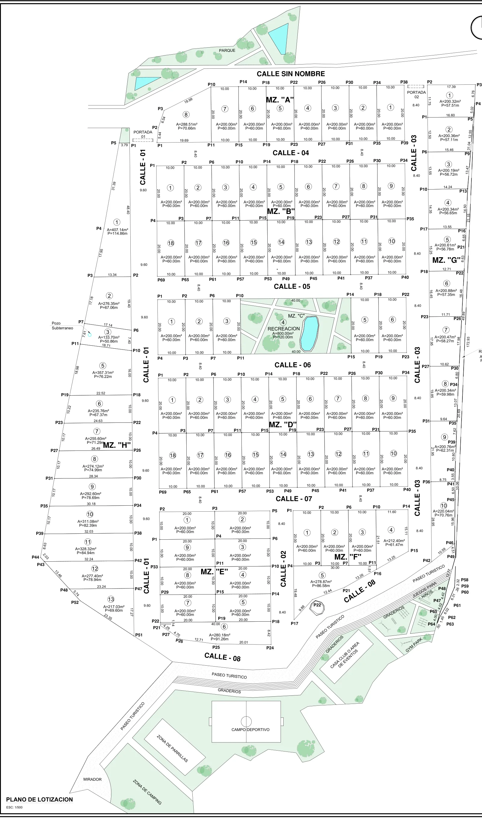 Plano de lotizacion del Condominio Casa Namora: manzanas A a H, calles internas y areas comunes.