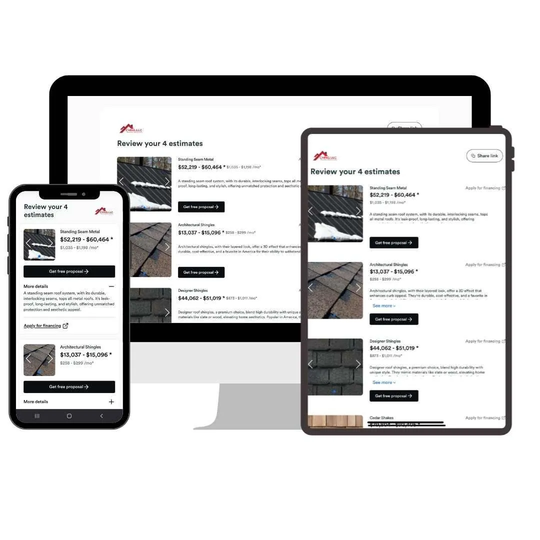 CMNG Roofing online roof estimate shown on a phone, tablet, and computer