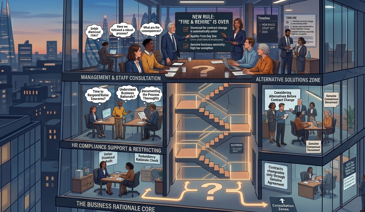 Multi-floor office showing management and staff consultation zones, alternative solutions discussions, and HR compliance support around the new fire and rehire rules, with a London skyline at dusk
