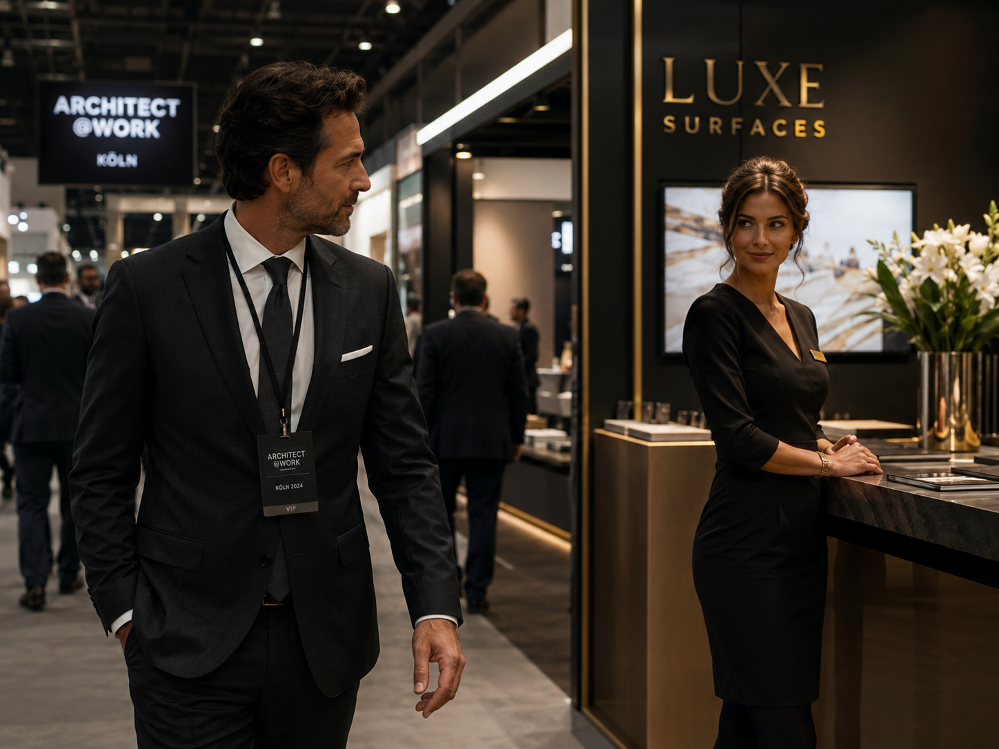 Geschäftsmann auf einer Messe in Köln begegnet einer eleganten Hostess an einem luxuriösen Messestand Geschäftsmann auf einer Messe in Köln begegnet einer eleganten Hostess an einem luxuriösen Messestand