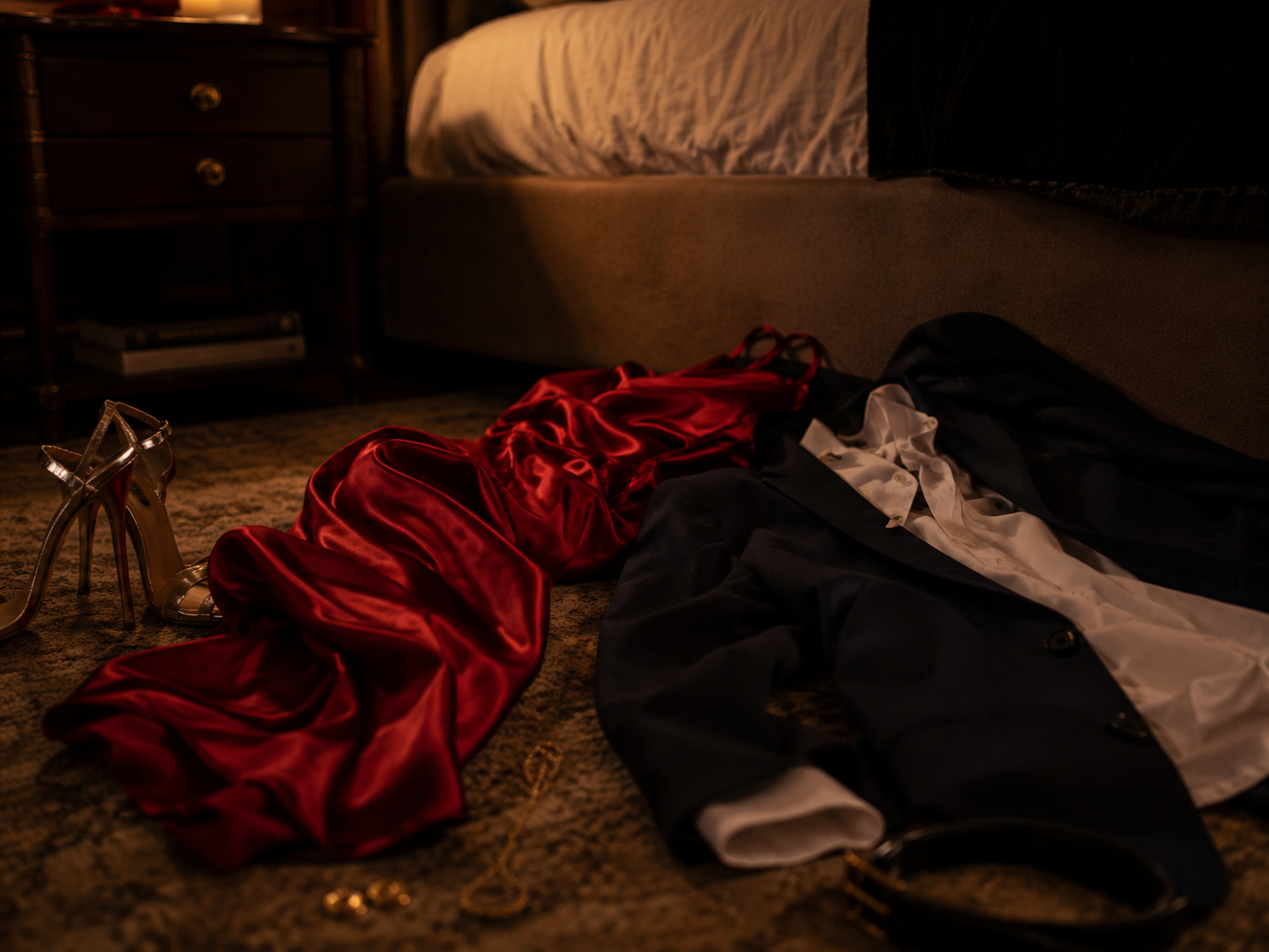 Rotes Satinkleid und dunkler Anzug liegen in einem stilvollen Zimmer der Villa Amore neben dem Bett
