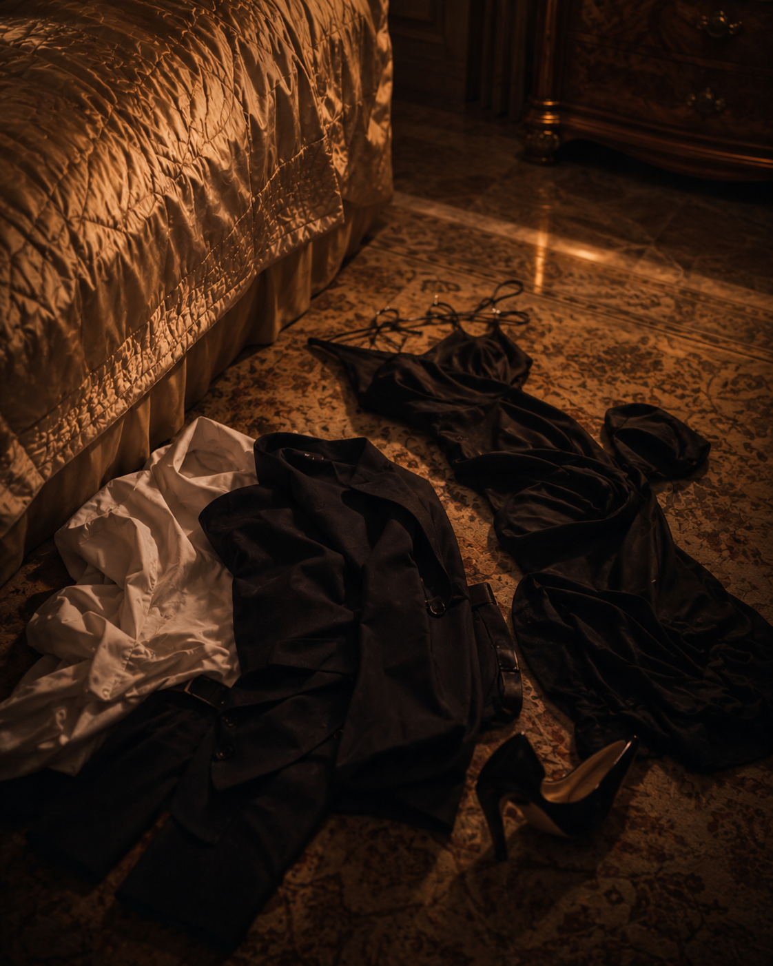 Abgelegte Kleidung liegt neben dem Bett in einem stilvollen Zimmer der Villa Amore Abgelegte Kleidung liegt neben dem Bett in einem stilvollen Zimmer der Villa Amore
