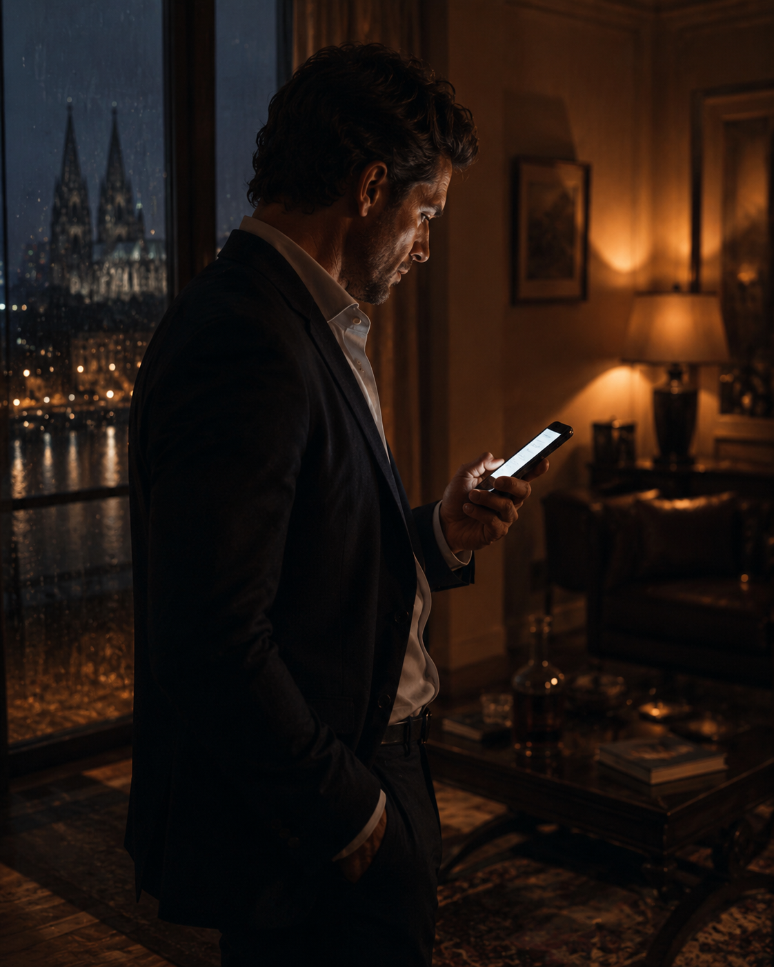 Sebastian liest abends in Köln eine geheimnisvolle Nachricht auf seinem Smartphone Sebastian liest abends in Köln eine geheimnisvolle Nachricht auf seinem Smartphone