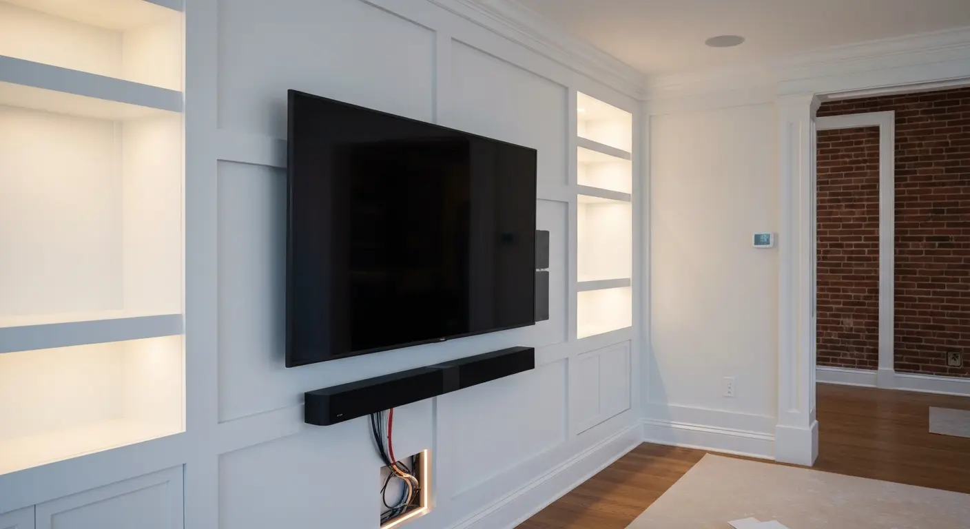Media wall installation in East Boston home