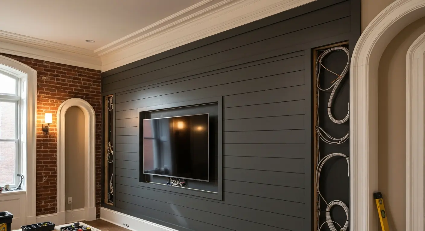 Media wall installation Back Bay residence