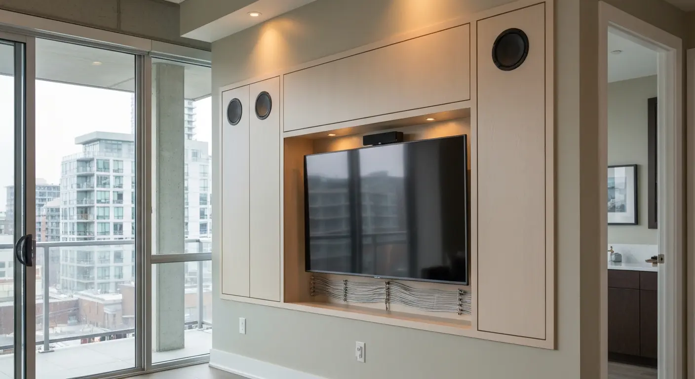 Media wall with TV and surround speakers
