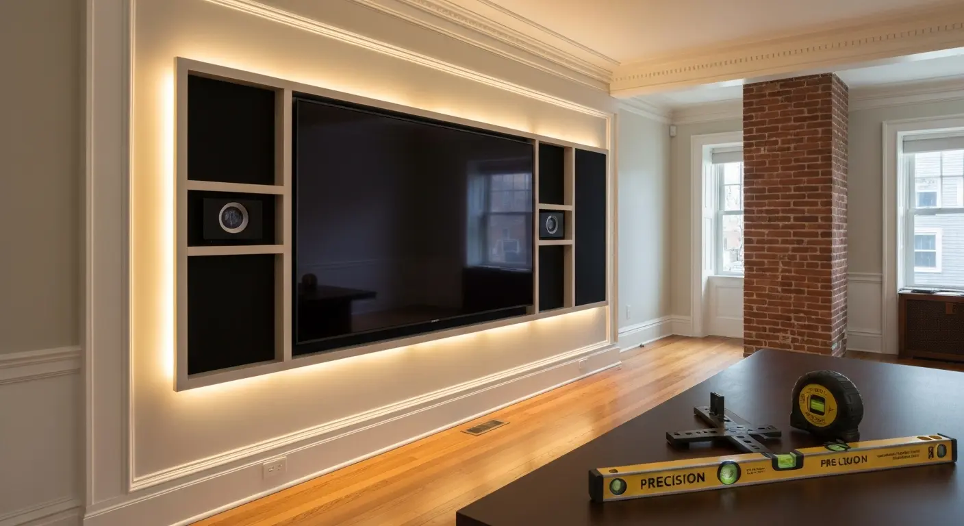 Media wall installation in Boston home theater