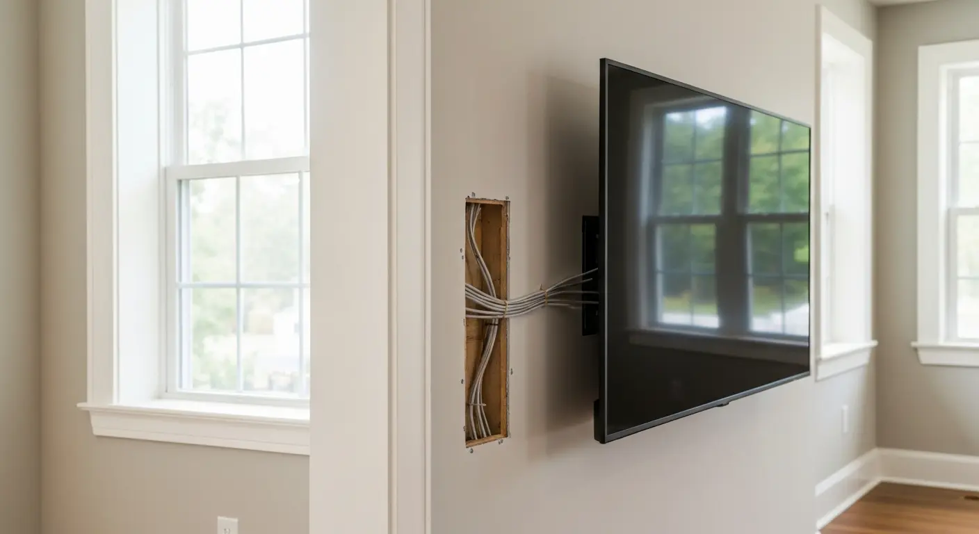 TV mounted on wall with hidden cable routing