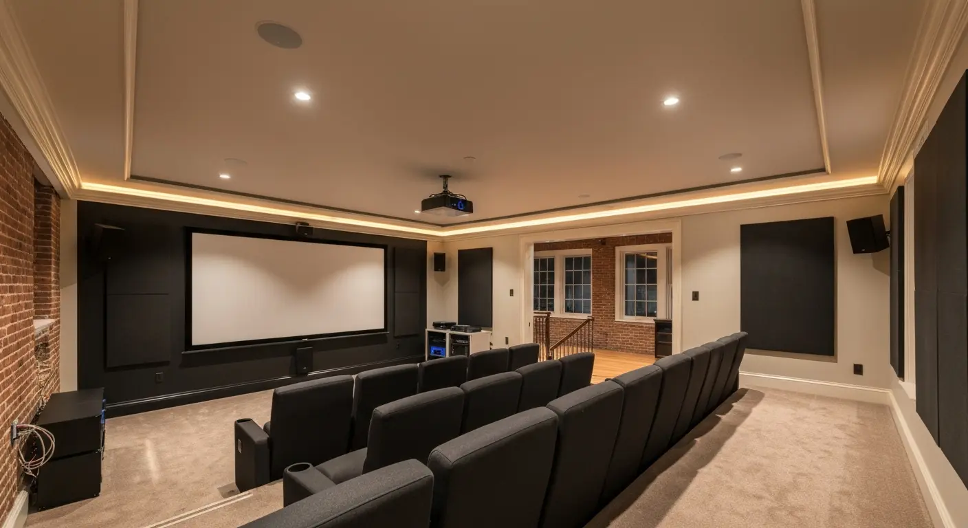 Home theater setup with projector and screen
