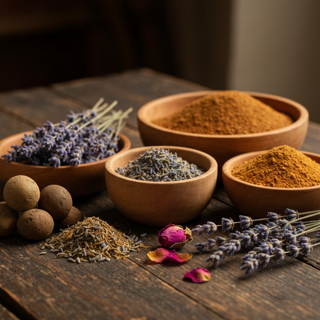 Bowls of lavender, spices, and botanicals
