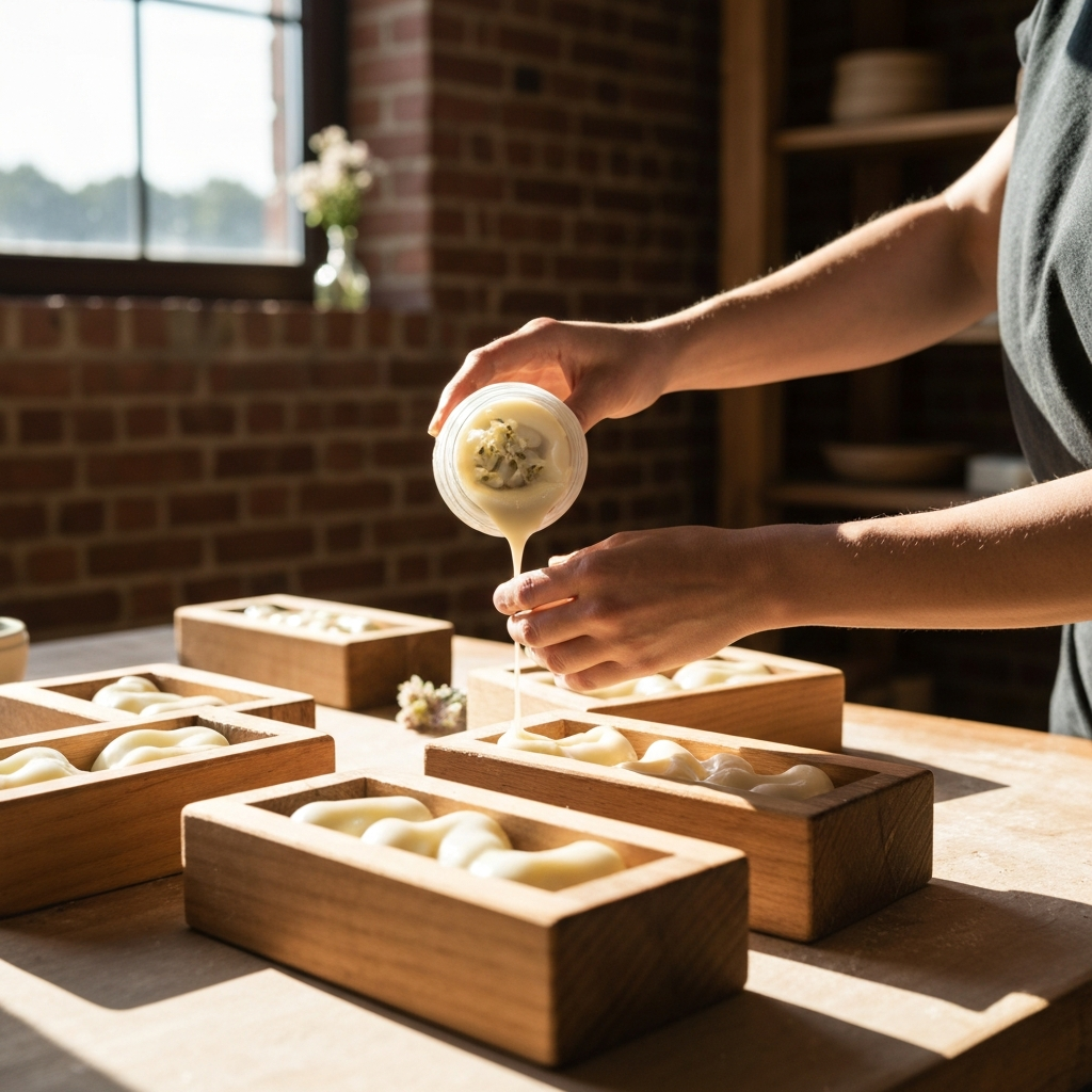 Pouring soap by hand into wooden molds