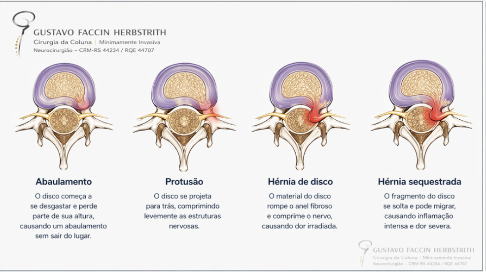 estágios hérnia de disco abaulamento, protusão, hérnia, extrusão, sequestrada- Dr Gustavo Faccin neurocirurgião