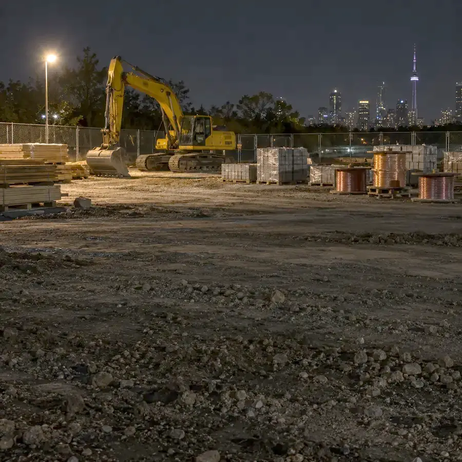 An empty construction site at night with an excavator, lumber and spools of copper wire left in the open