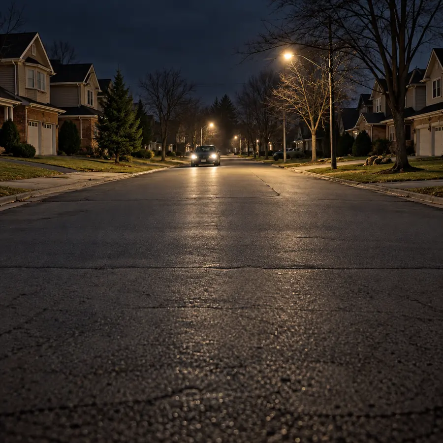 A car with its headlights on driving slowly down a dark residential street at night