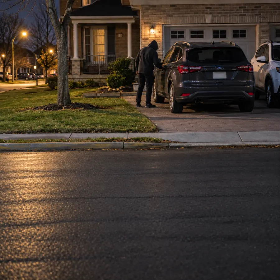 A person in a hoodie trying the door of an SUV parked in a home's driveway at night