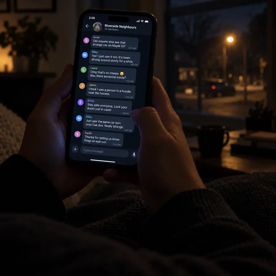 Hands holding a phone at night, a neighbourhood group chat full of worried messages
